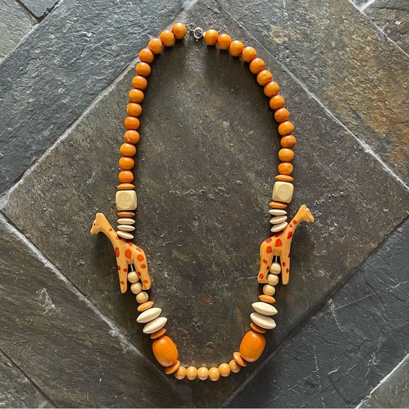 Vintage African Beaded Giraffe Necklace Wooden Hand Carved Safari Folk Art 12” - Picture 1 of 6